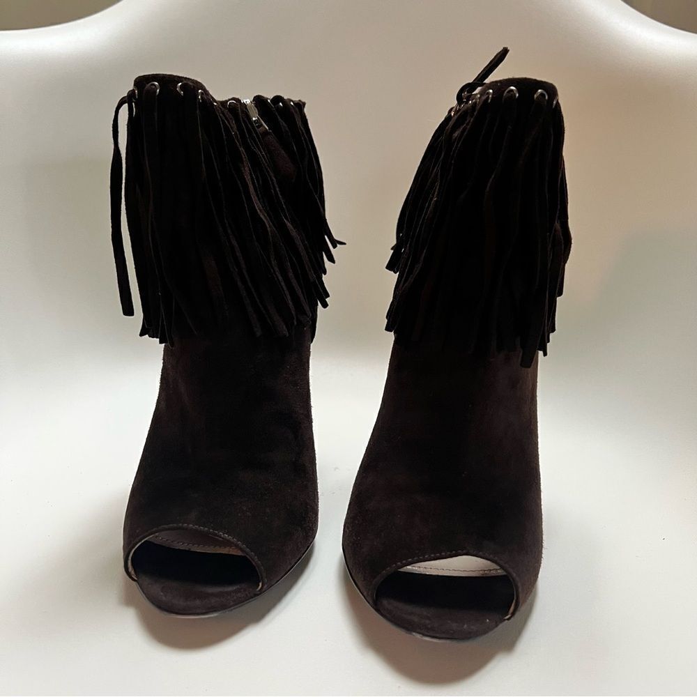 Prada Suede Fringe Peep Toe Bootie Dark Brown EU 38 EUC MSRP $1145 - Picture 4 of 10